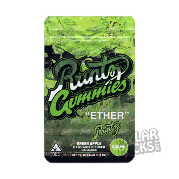 Runtz Gummies Ether Green Apple 500mg Empty Mylar Bag Gummy Edibles Packaging