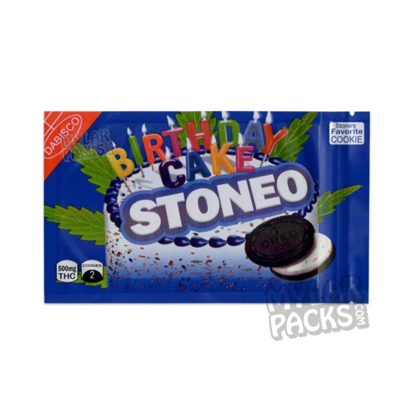 Stoneo Birthday Cake/Confetti 500mg Cookies by Dabisco Empty Edibles Mylar Bag Sandwich Cookie Packaging