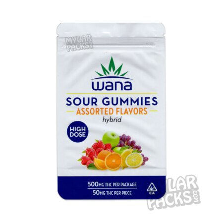 Wana Sour Gummies Assorted Flavors 500mg Gummy Empty Mylar Bag Edibles Packaging