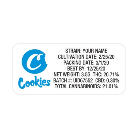 Customizable Strain Sticker - Cookies (.75" x 2") with Blue Logo