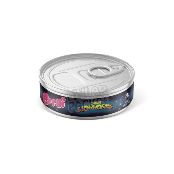 Errlli Sour Glowworms 100ml Pressitin Self-Seal Tuna Tin Cans with Labels Gummy Edibles Packaging