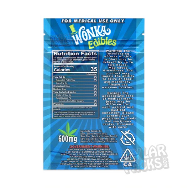 Wonka Edibles Blue Universal 600mg Empty Mylar Bag Candy Snack Cookie Packaging