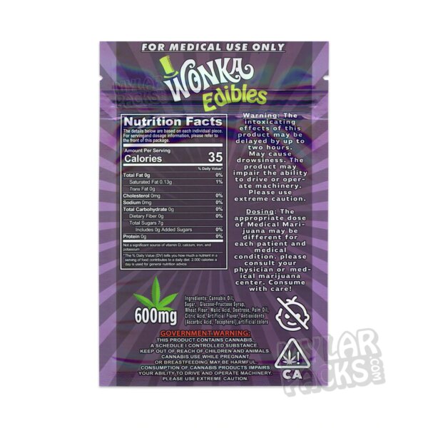 Wonka Edibles Purple Universal 600mg Empty Mylar Bag Candy Snack Cookie Packaging