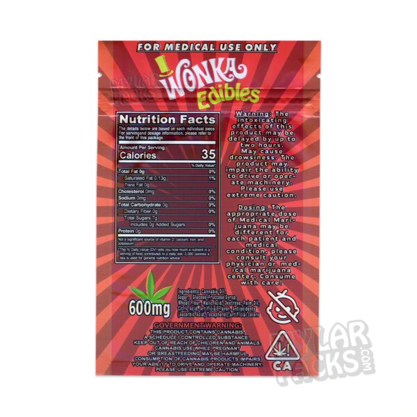 Wonka Edibles Red Universal 600mg Empty Mylar Bag Candy Snack Cookie Packaging