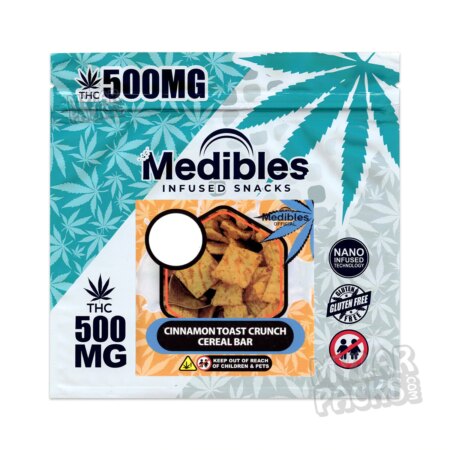 Medibles Cinnamon Toast Bar 500mg Large 6" Empty Edibles Mylar Bags Cereal Snack Packaging
