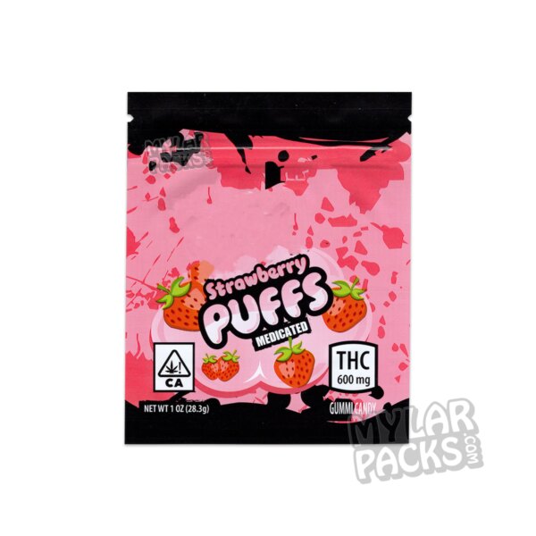 Trrlli Sour Medicated Strawberry Puffs 600mg Empty Mylar Bags Edibles Packaging