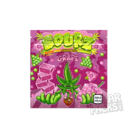 Sourz Grape Gummies 1000mg Delta 8 Empty Mylar Bag Edibles Candy Packaging