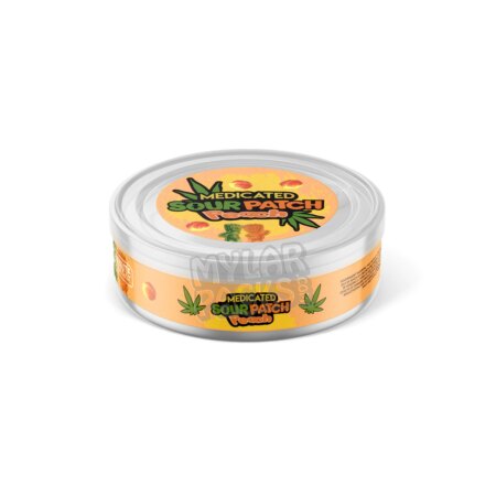 Sour Patch Medicated Peach 100ml Pressitin Self-Seal Tuna Tins with Labels Edibles Packaging