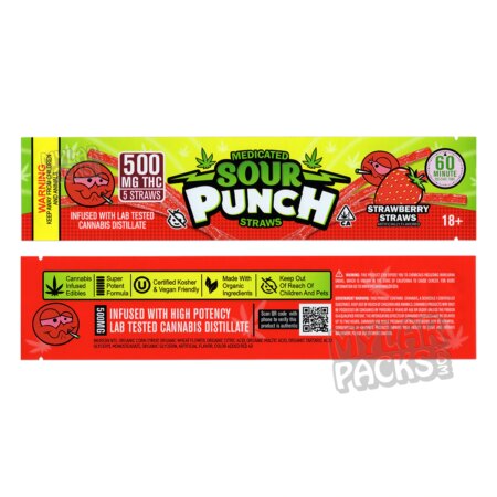 Sour Straws Strawberry 500mg Empty Mylar Bag Gummy Edibles Candy Packaging
