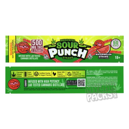 Sour Straws Watermelon 500mg Empty Mylar Bag Gummy Edibles Candy Packaging