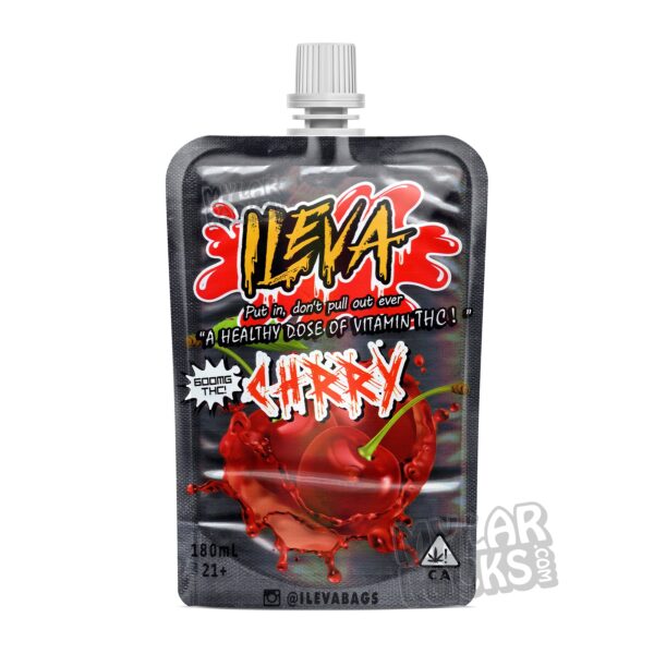 Ileva Cherry 600mg Cannabis Infused Fruit Drink Pouch with Child Resistant Cap Packaging