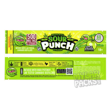 Sour Straws Green Apple 500mg Empty Mylar Bag Gummy Edibles Candy Packaging
